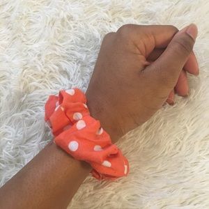 Coral Scrunchie w/ White Polka Dots